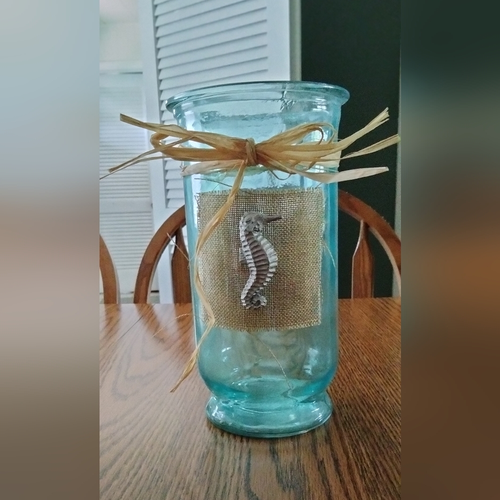 Blue Glass Hurricane with Seahorse By Nantucket